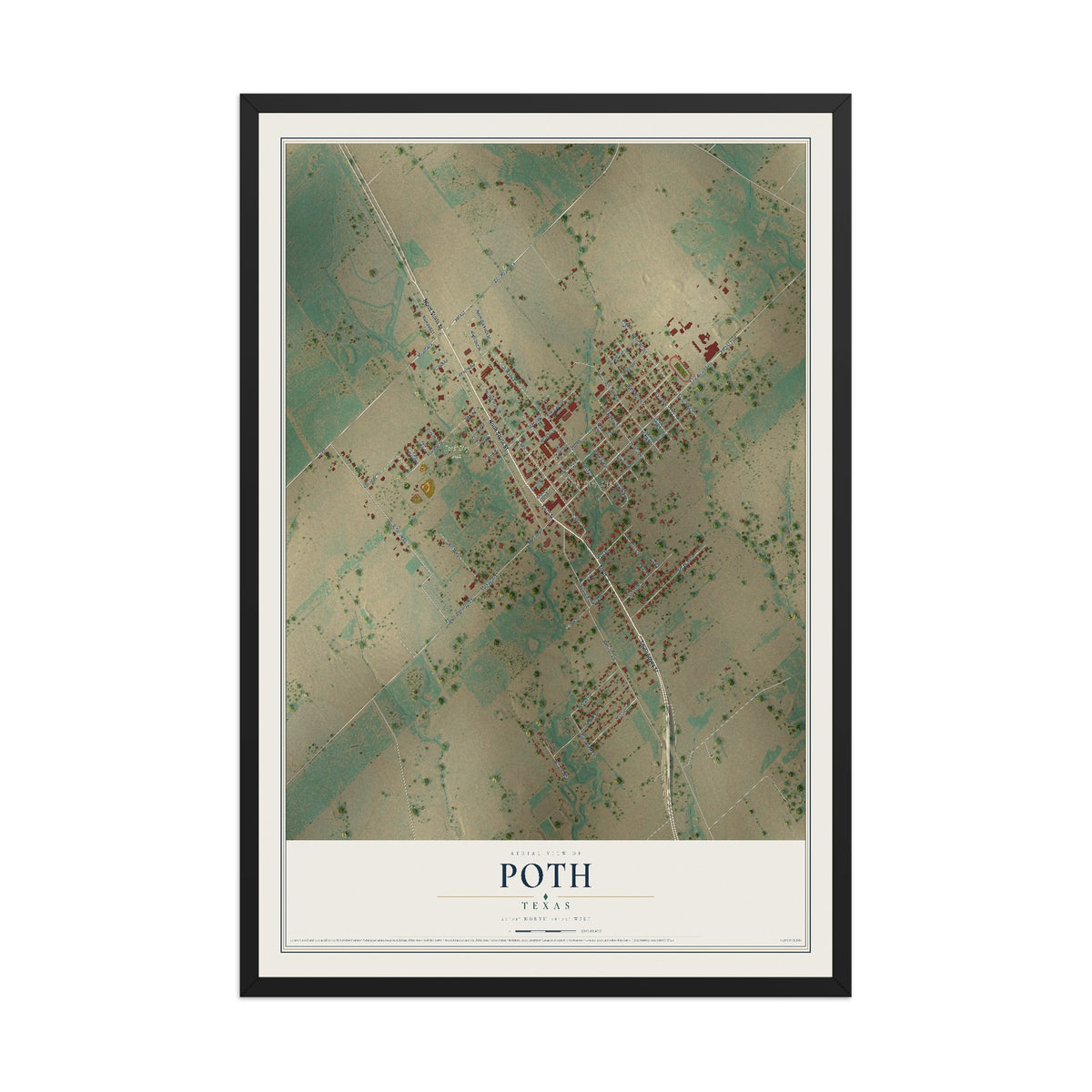 Map of Poth, Texas, 12 x 18 inch print in a black wood frame