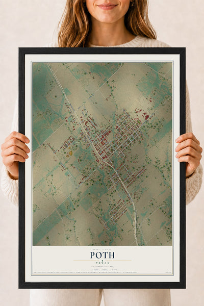 Map of Poth, Texas, 18 x 24 inch print in a black wood frame
