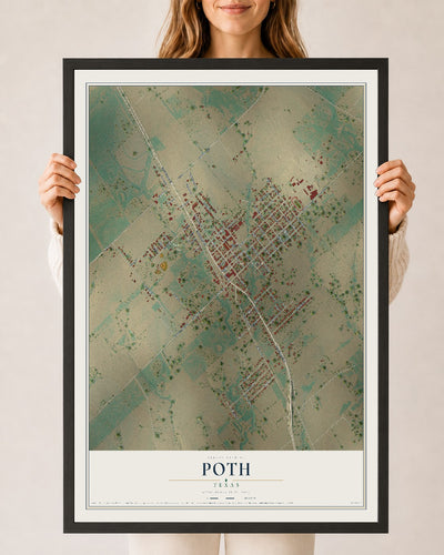 Map of Poth, Texas, 24 x 36 inch print in a black wood frame