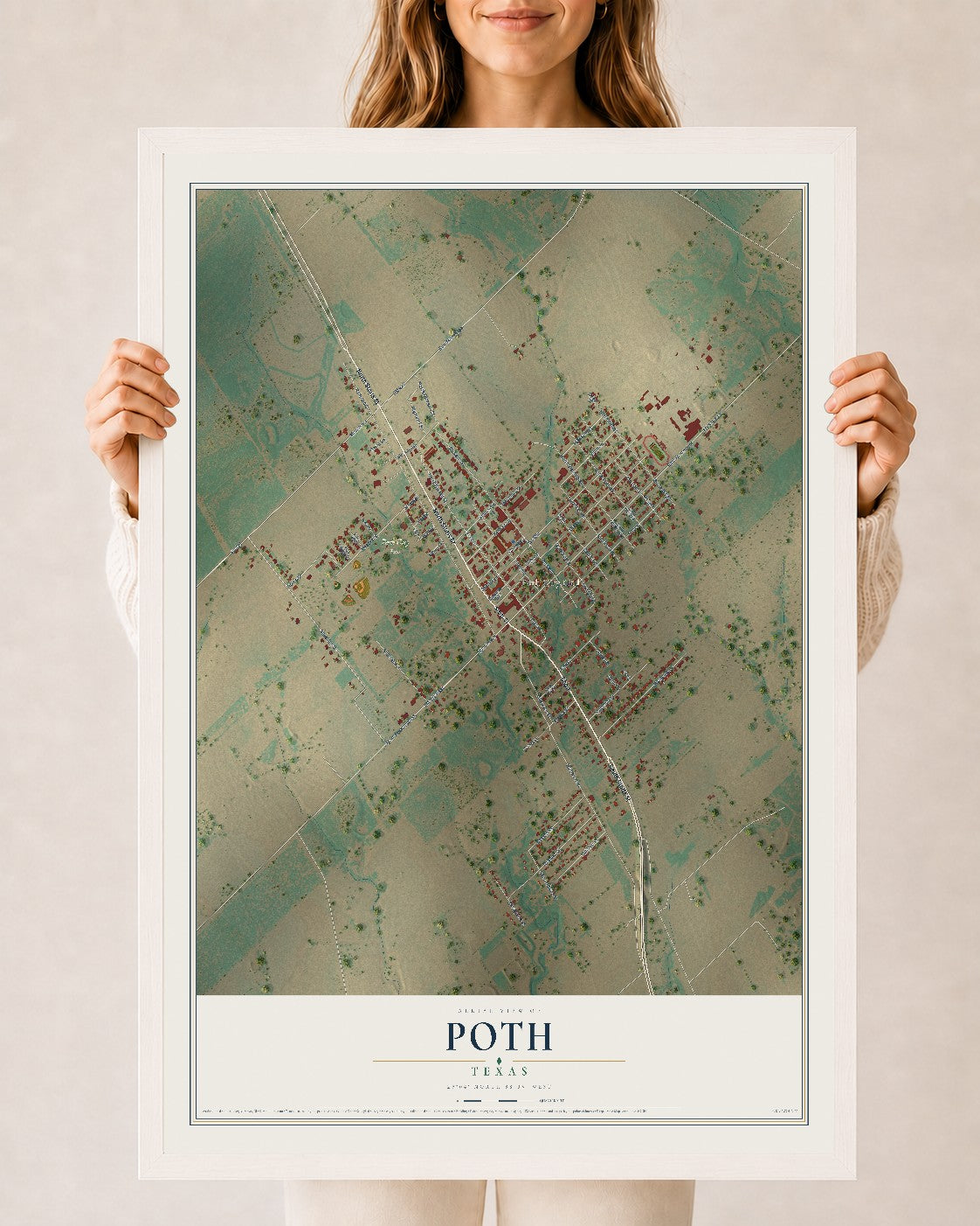 Map of Poth, Texas, 24 x 36 inch print in a white wood frame