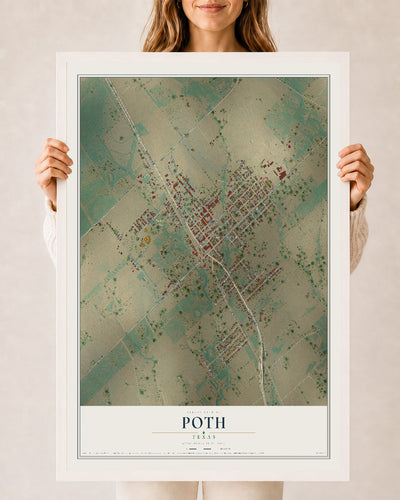 Map of Poth, Texas, 24 x 36 inch print in a white wood frame