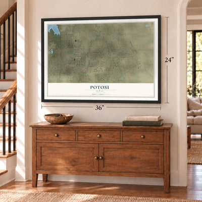 Potosi, Texas map, 24 x 36 inch print in a black frame above a dresser by a staircase