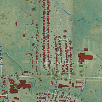 Close-up of the map of Pottsboro, Texas print showing street and building detail