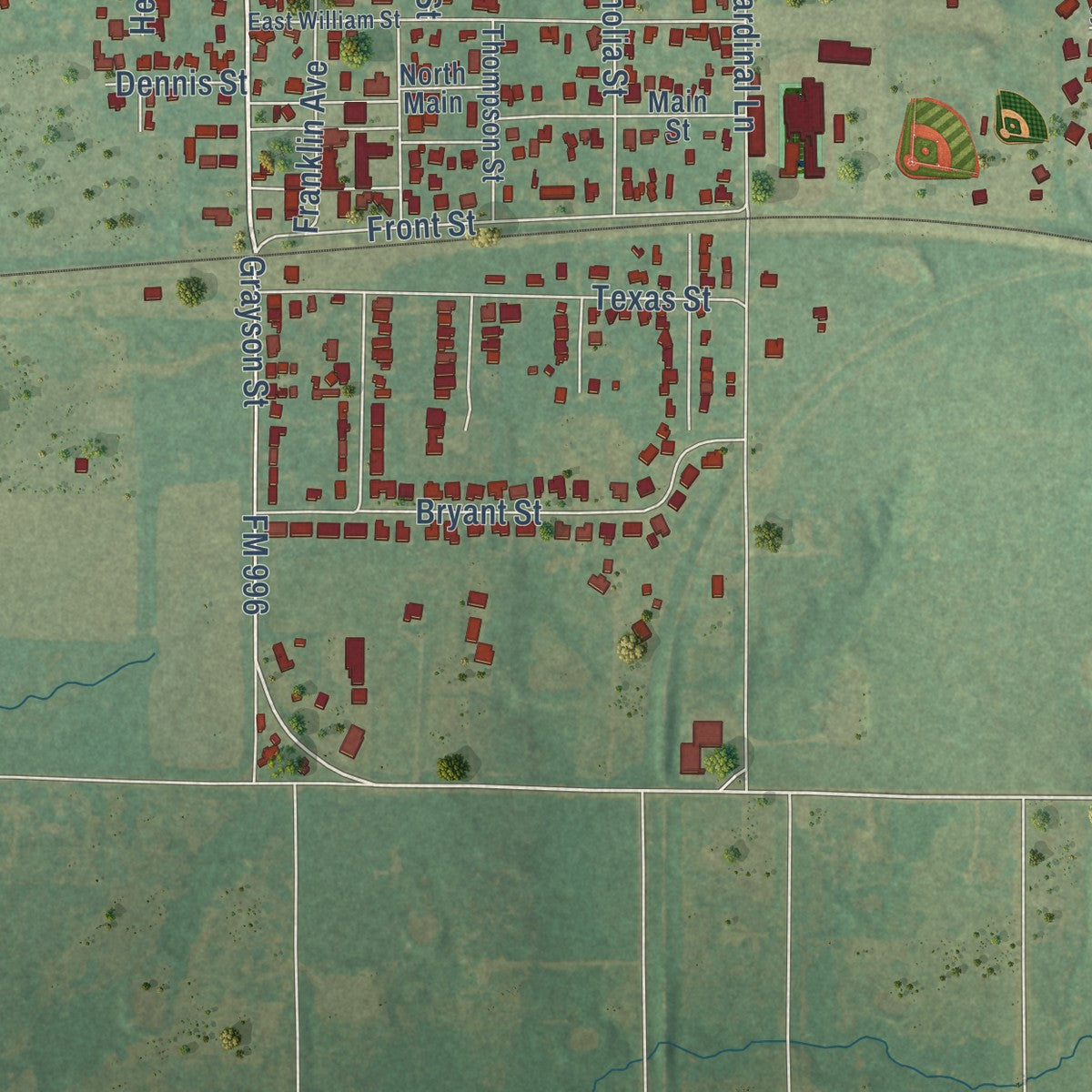 Second close-up of the map of Pottsboro, Texas print showing more streets and buildings