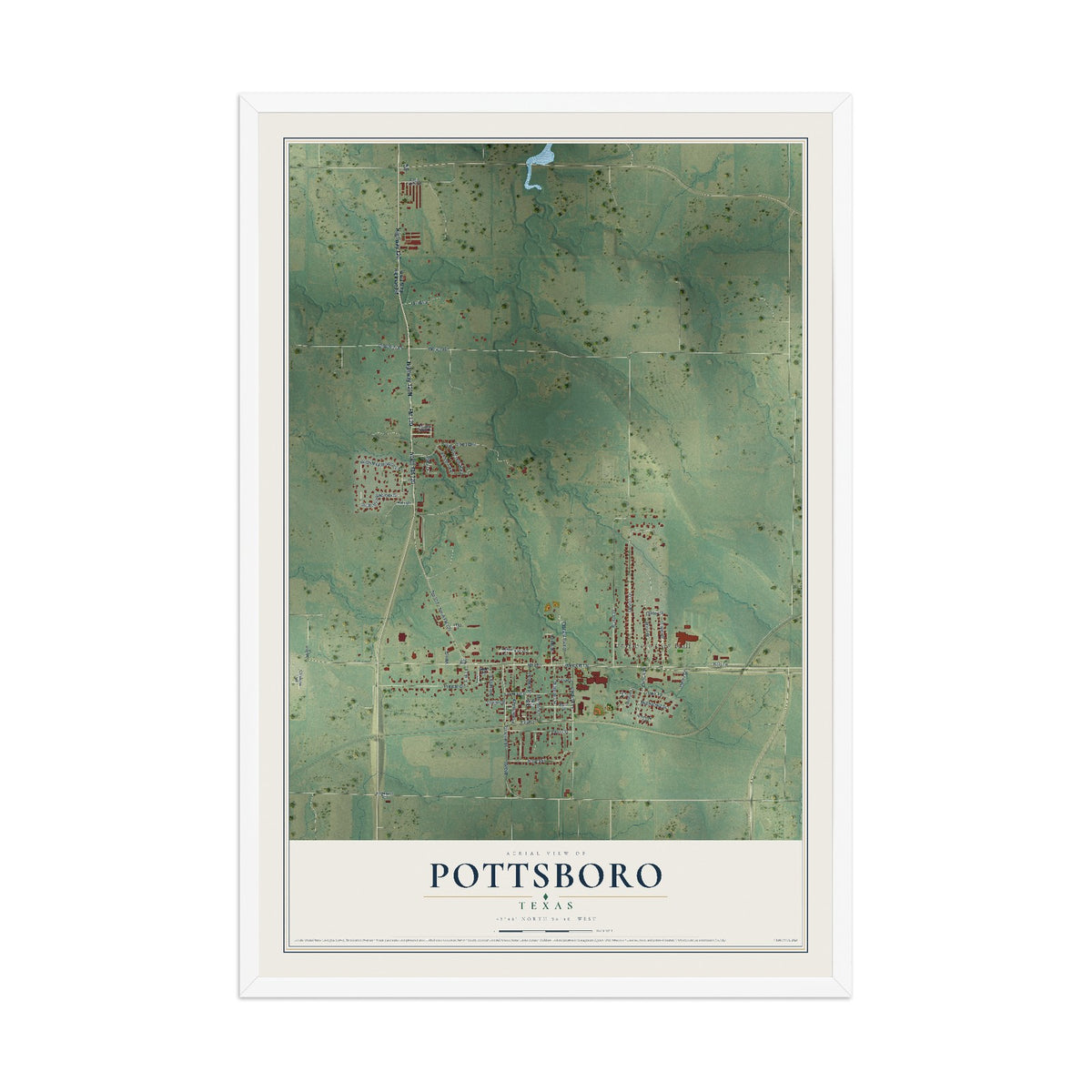 Map of Pottsboro, Texas, 12 x 18 inch print in a white wood frame