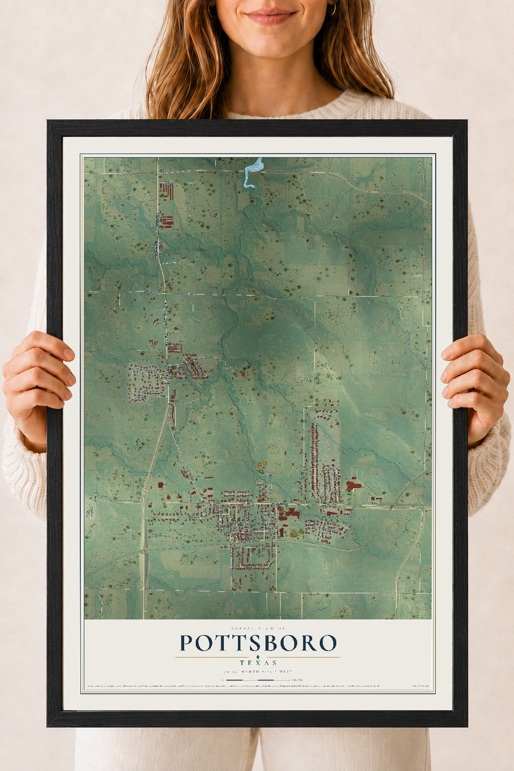Map of Pottsboro, Texas, 18 x 24 inch print in a black wood frame