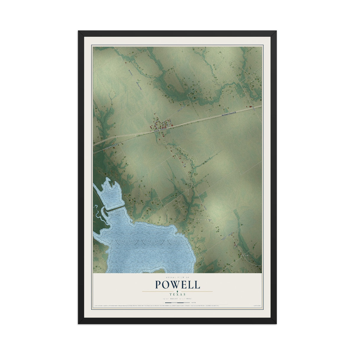 Map of Powell, Texas, 12 x 18 inch print in a black wood frame