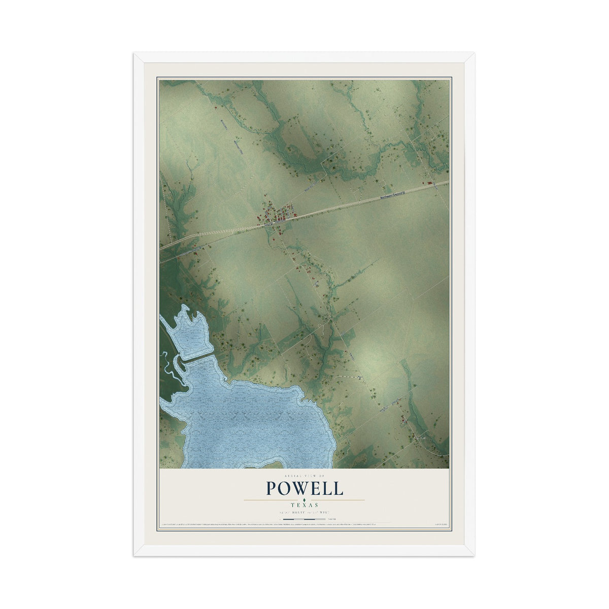 Map of Powell, Texas, 12 x 18 inch print in a white wood frame