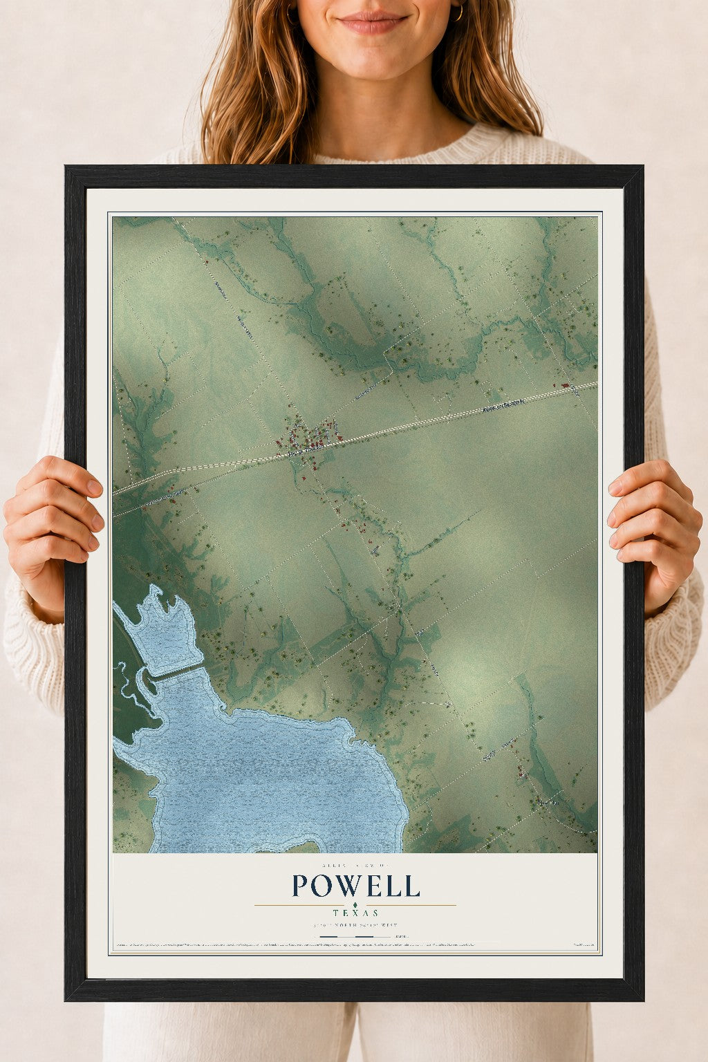 Map of Powell, Texas, 18 x 24 inch print in a black wood frame