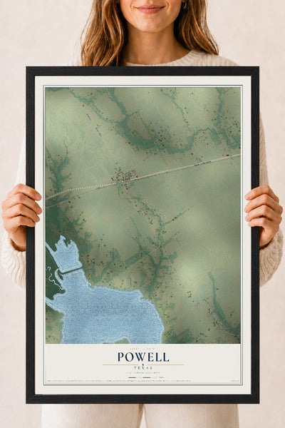 Map of Powell, Texas, 18 x 24 inch print in a black wood frame
