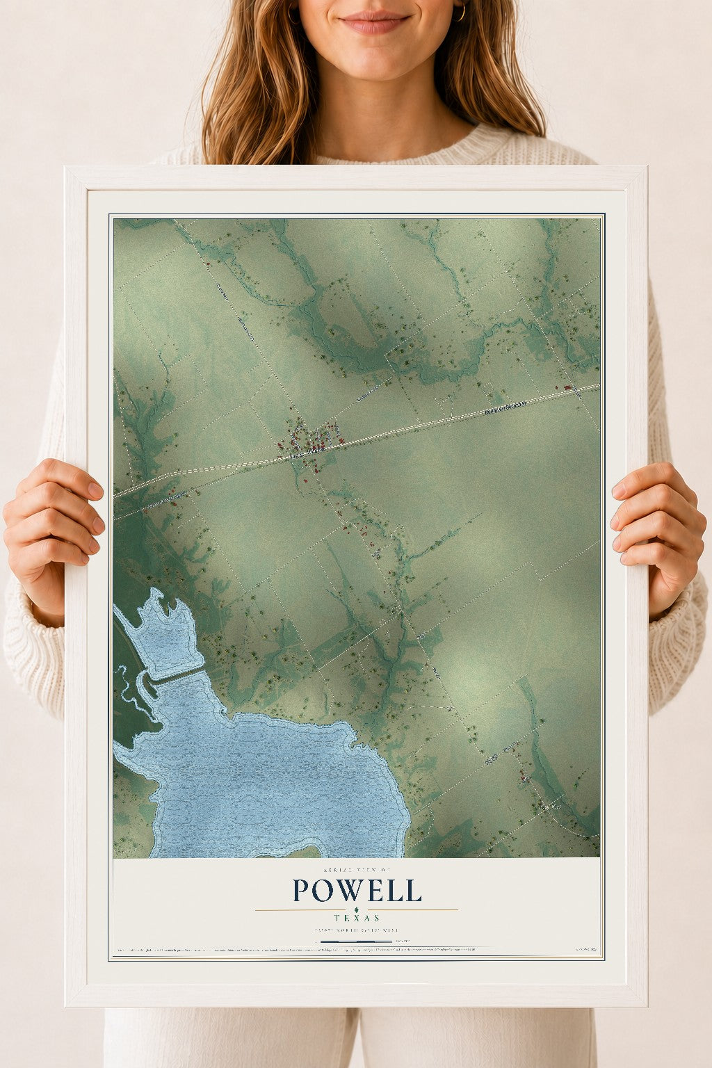 Map of Powell, Texas, 18 x 24 inch print in a white wood frame