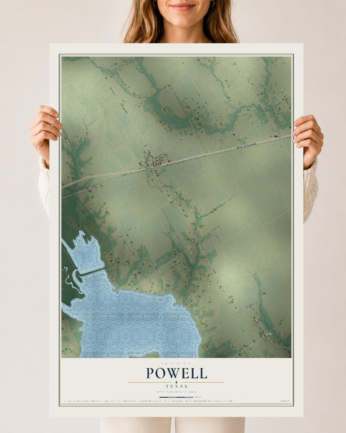 Map of Powell, Texas, 24 x 36 inch unframed archival matte print