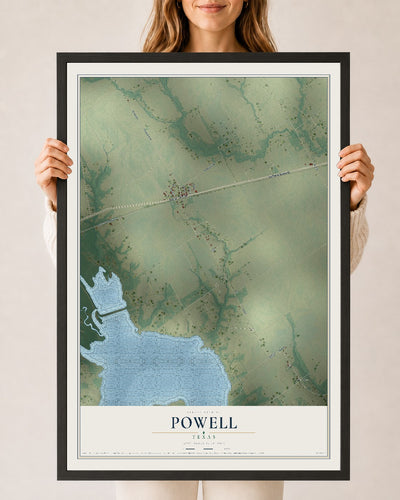 Map of Powell, Texas, 24 x 36 inch print in a black wood frame