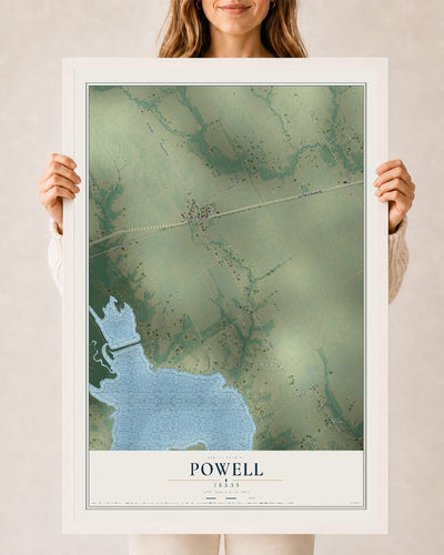 Map of Powell, Texas, 24 x 36 inch print in a white wood frame
