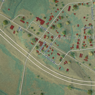 Close-up of the map of Poynor, Texas print showing street and building detail