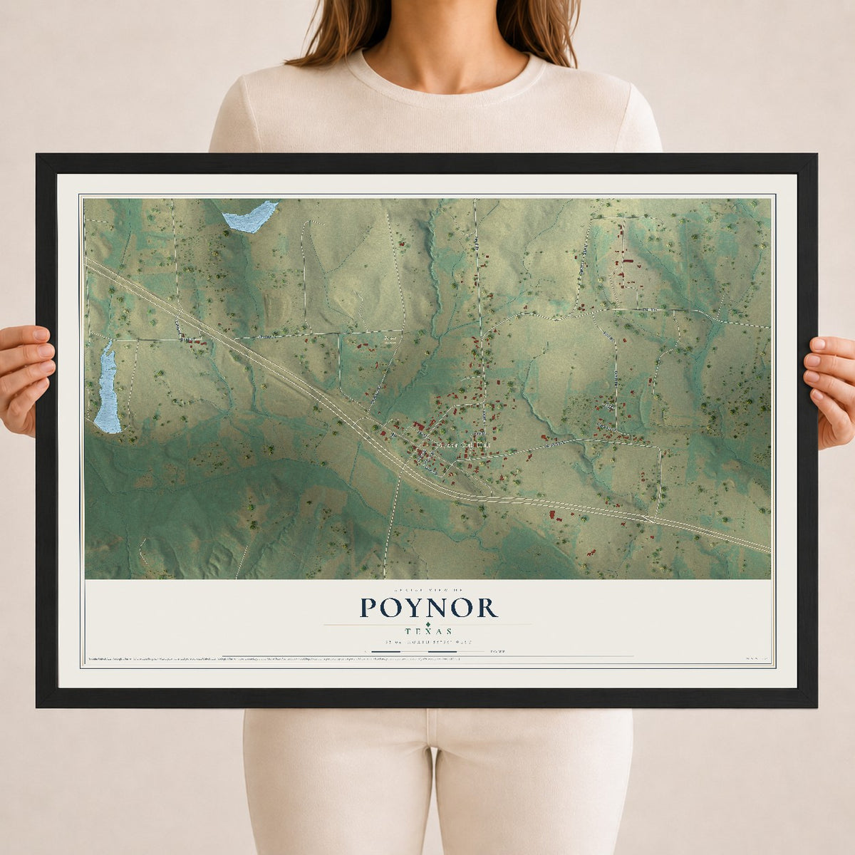 Map of Poynor, Texas, 18 x 24 inch print in a black wood frame