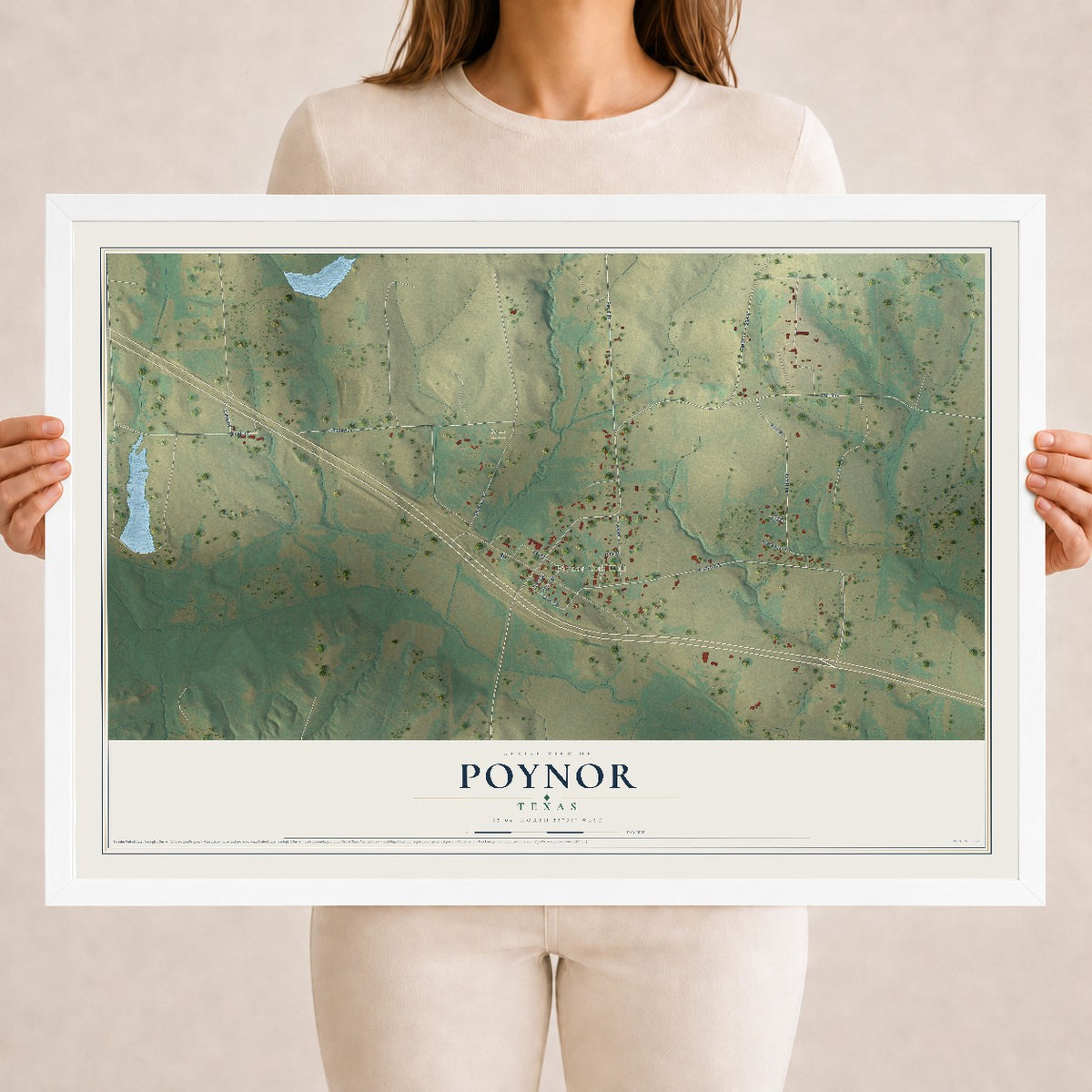 Map of Poynor, Texas, 18 x 24 inch print in a white wood frame