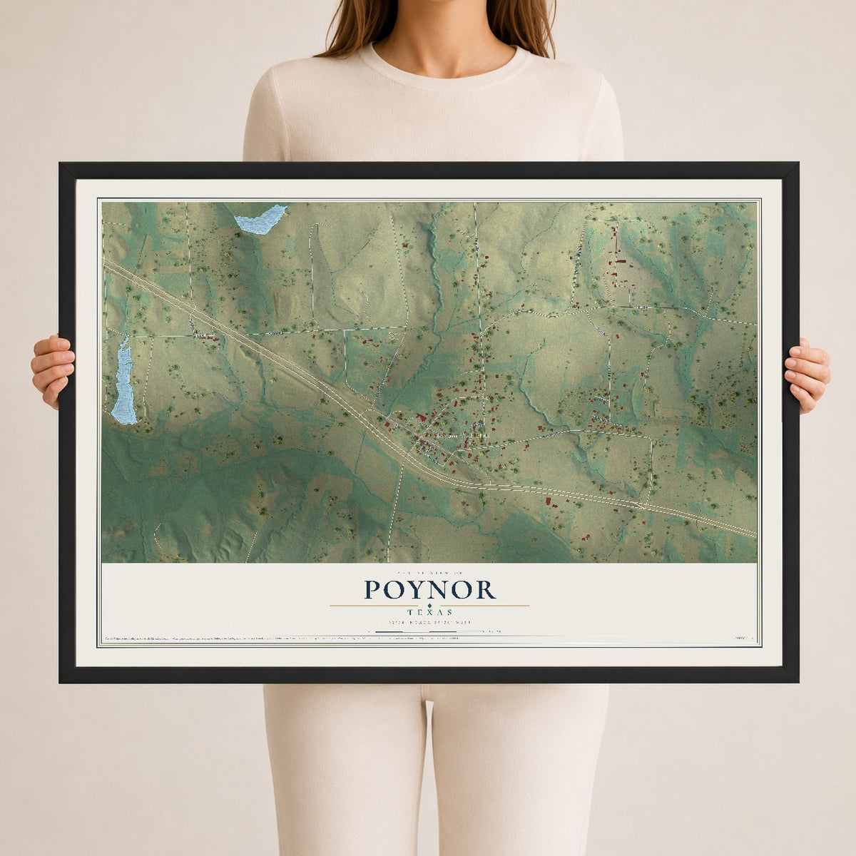 Map of Poynor, Texas, 24 x 36 inch print in a black wood frame