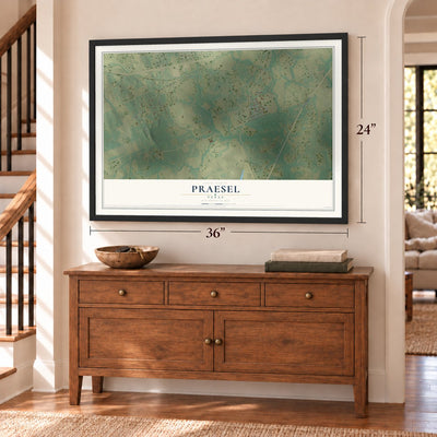 Praesel, Texas map, 24 x 36 inch print in a black frame above a dresser by a staircase