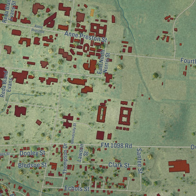 Close-up of the map of Prairie View, Texas print showing street and building detail