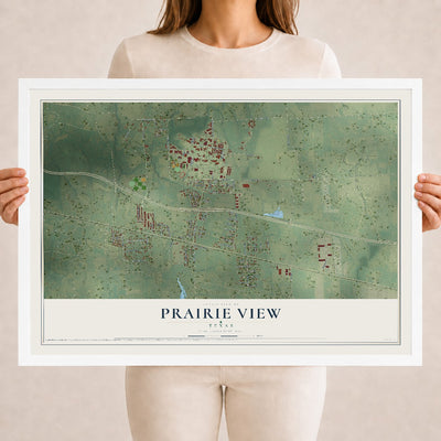 Map of Prairie View, Texas, 18 x 24 inch print in a white wood frame
