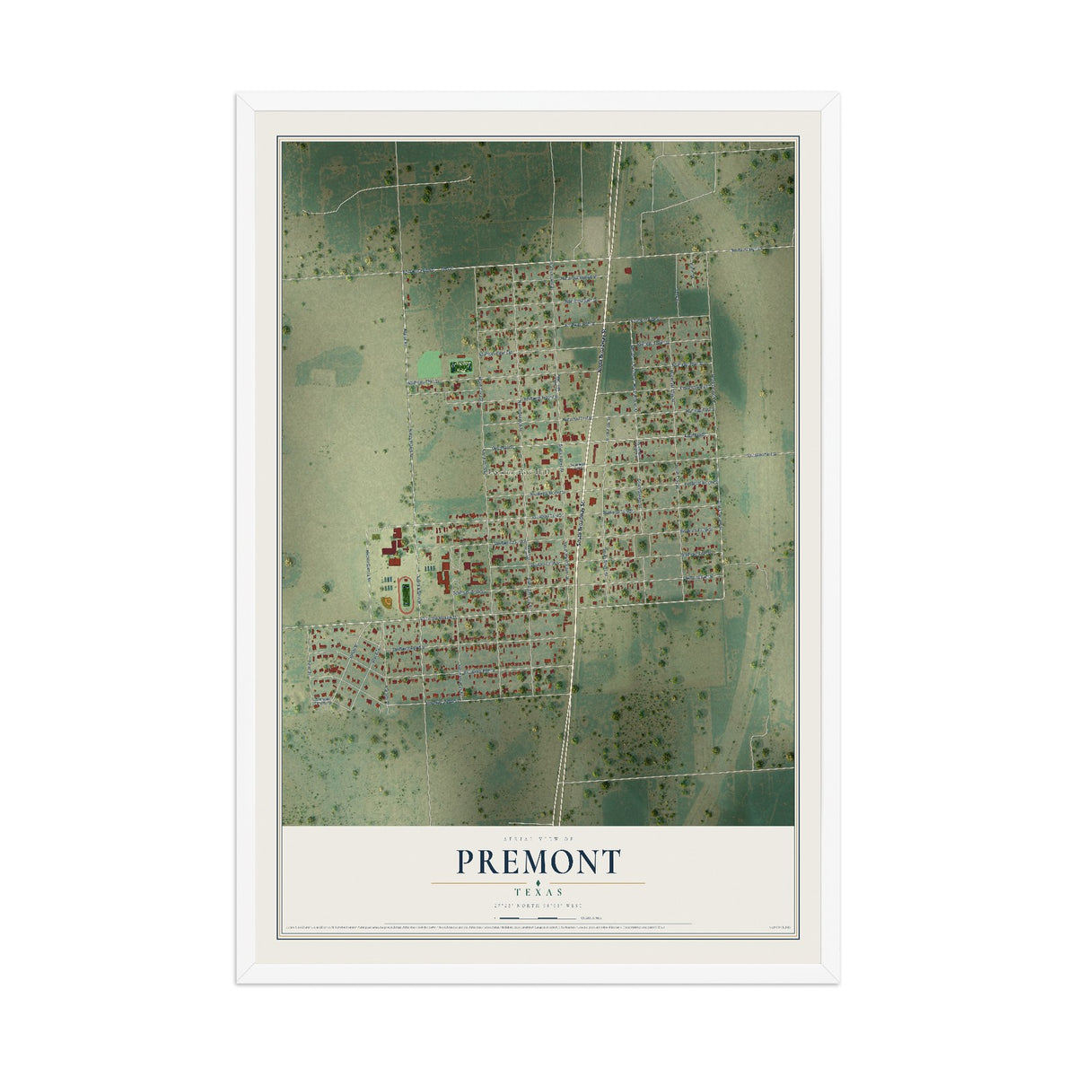 Map of Premont, Texas, 12 x 18 inch print in a white wood frame