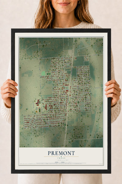 Map of Premont, Texas, 18 x 24 inch print in a black wood frame