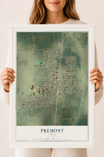 Map of Premont, Texas, 18 x 24 inch print in a white wood frame