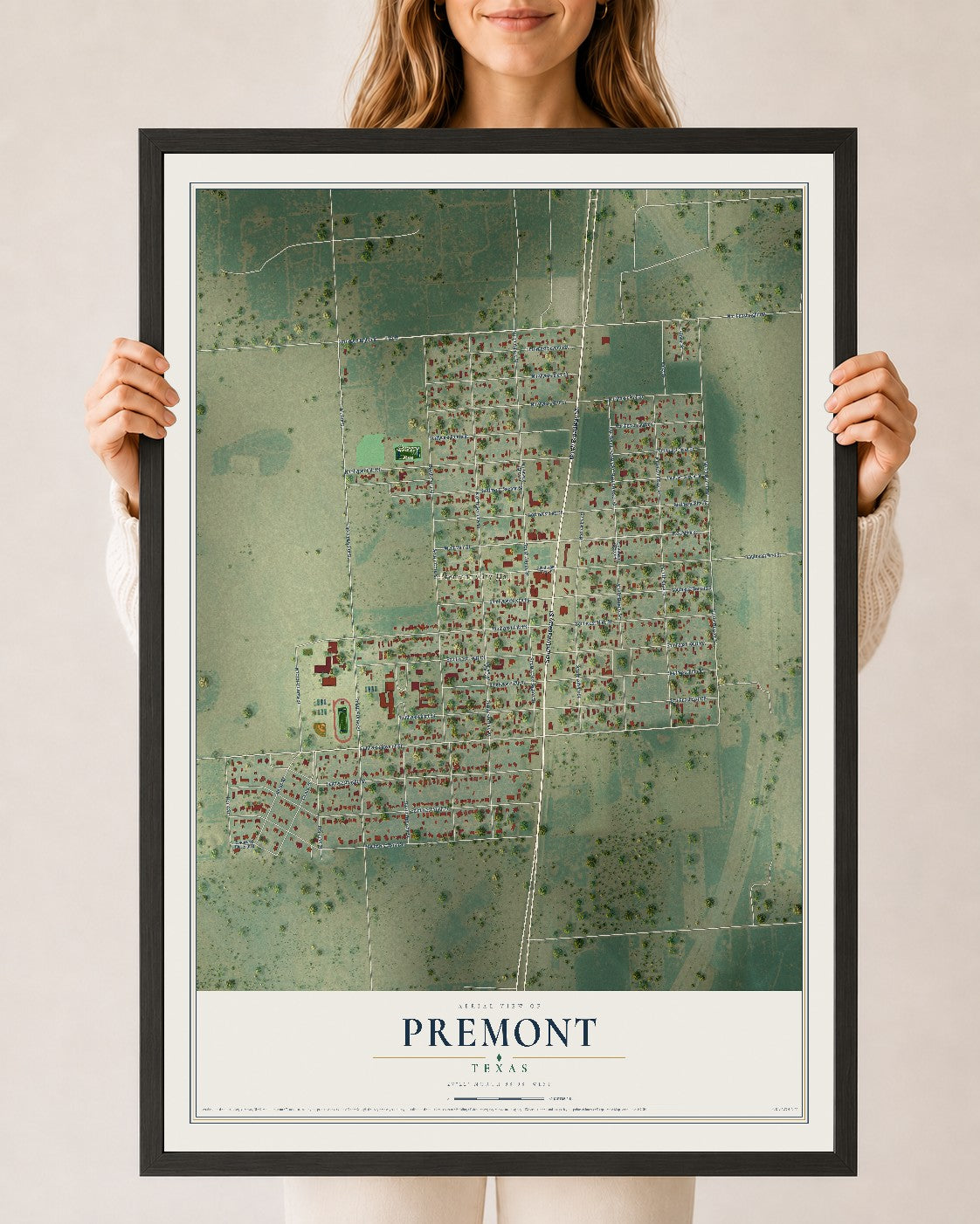Map of Premont, Texas, 24 x 36 inch print in a black wood frame