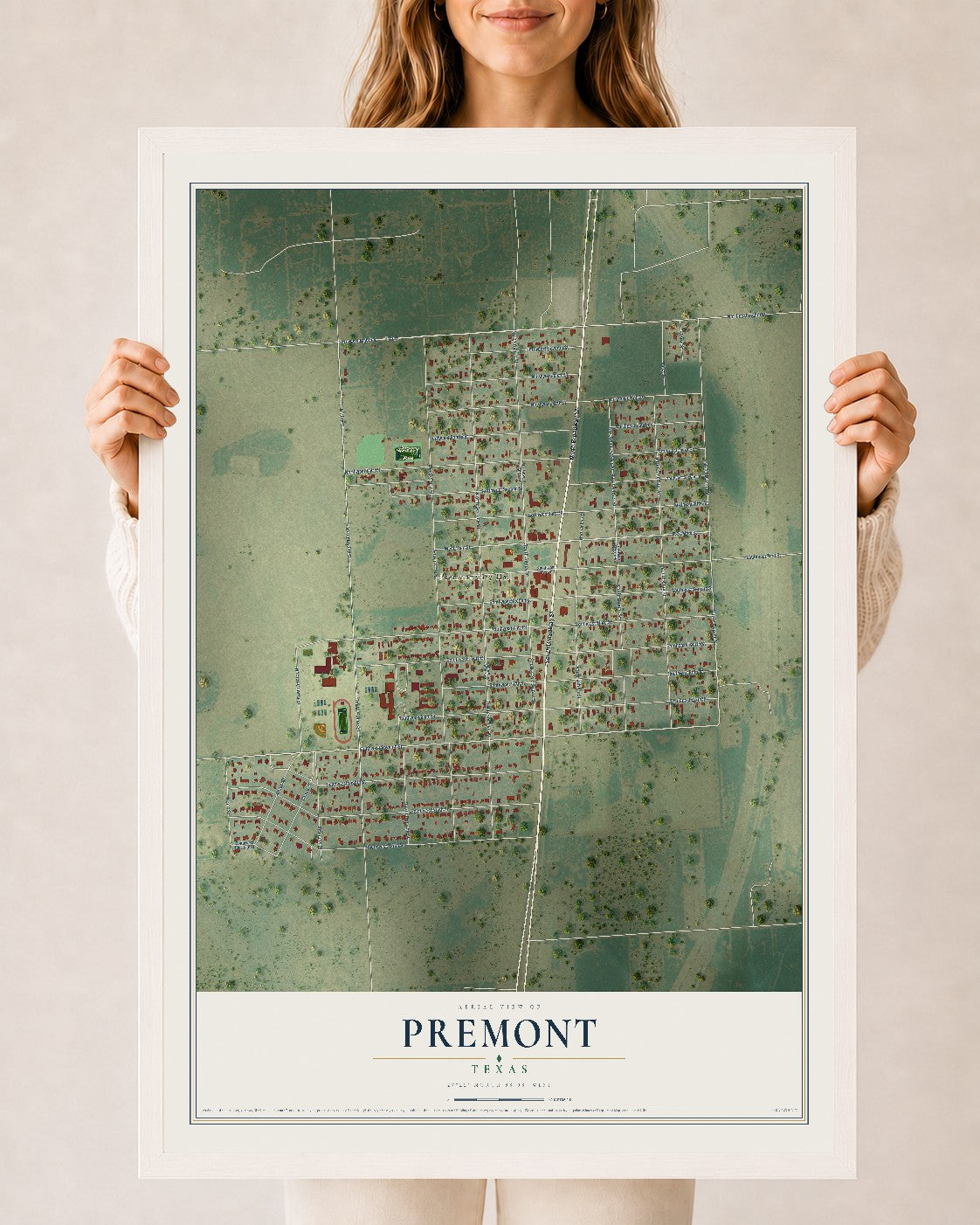 Map of Premont, Texas, 24 x 36 inch print in a white wood frame