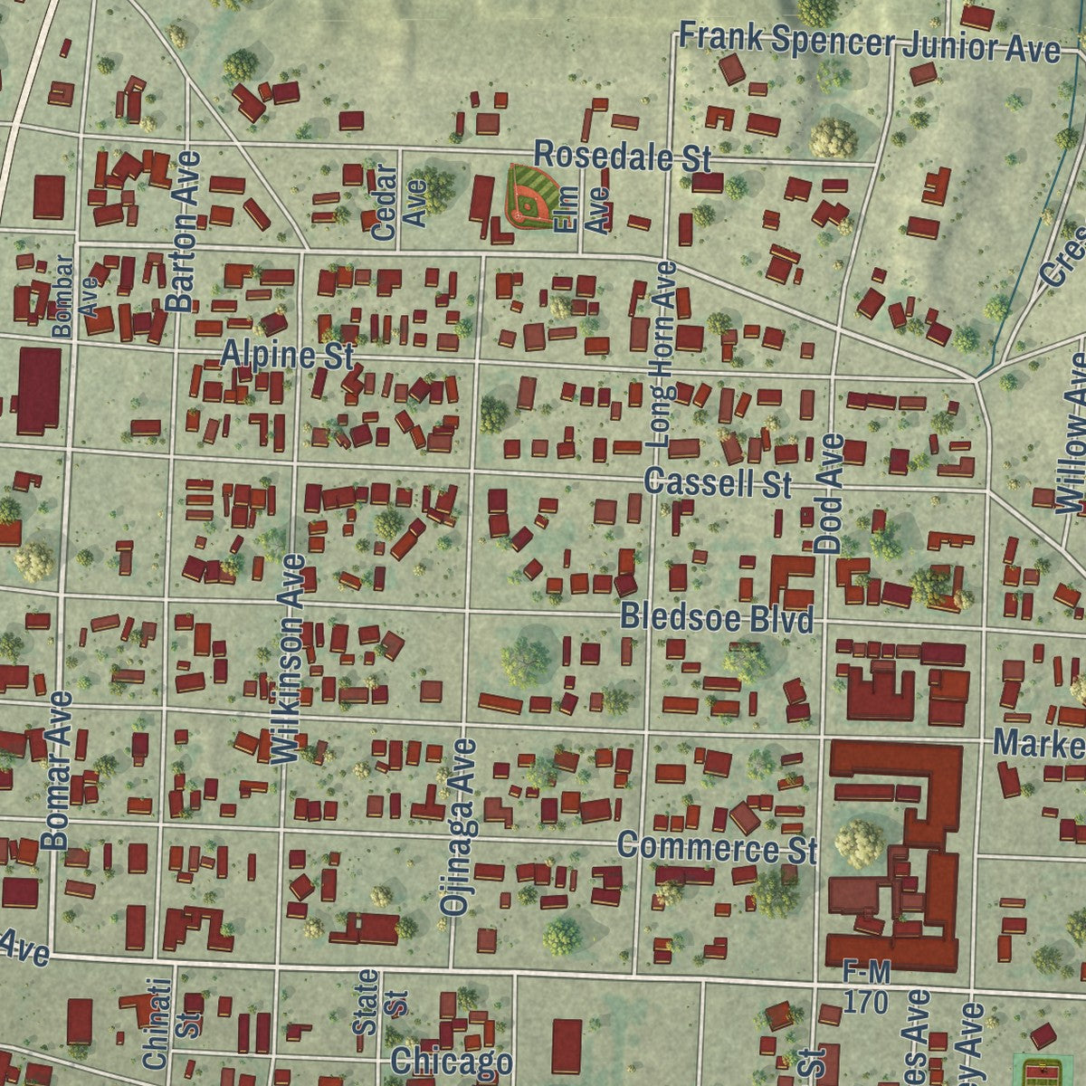 Second close-up of the map of Presidio, Texas print showing more streets and buildings