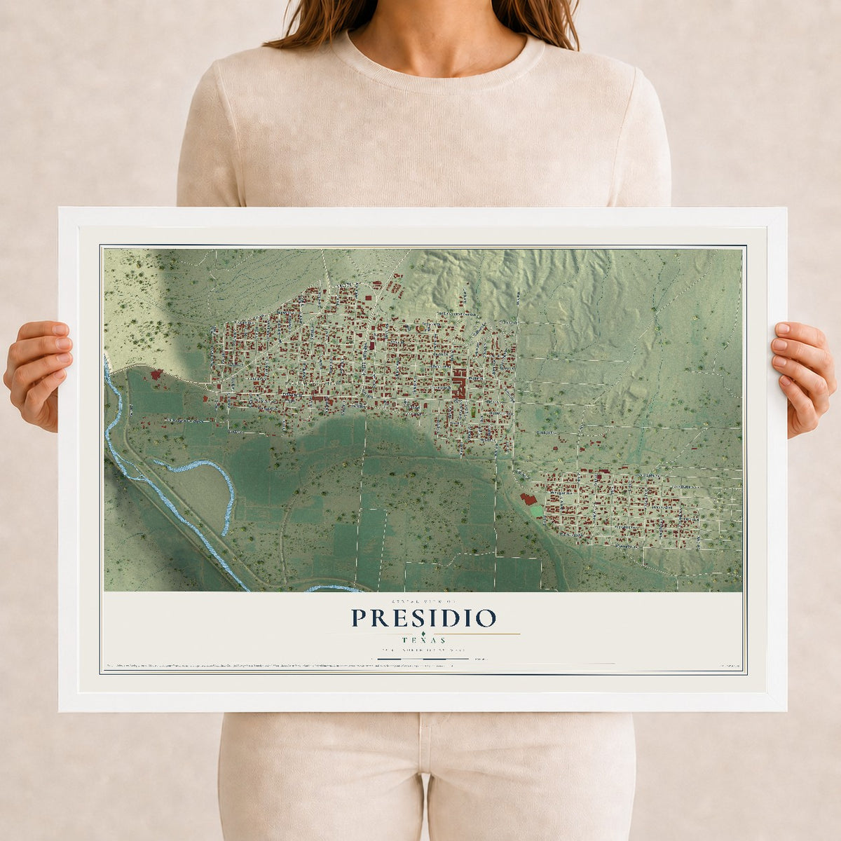 Map of Presidio, Texas, 12 x 18 inch print in a white wood frame