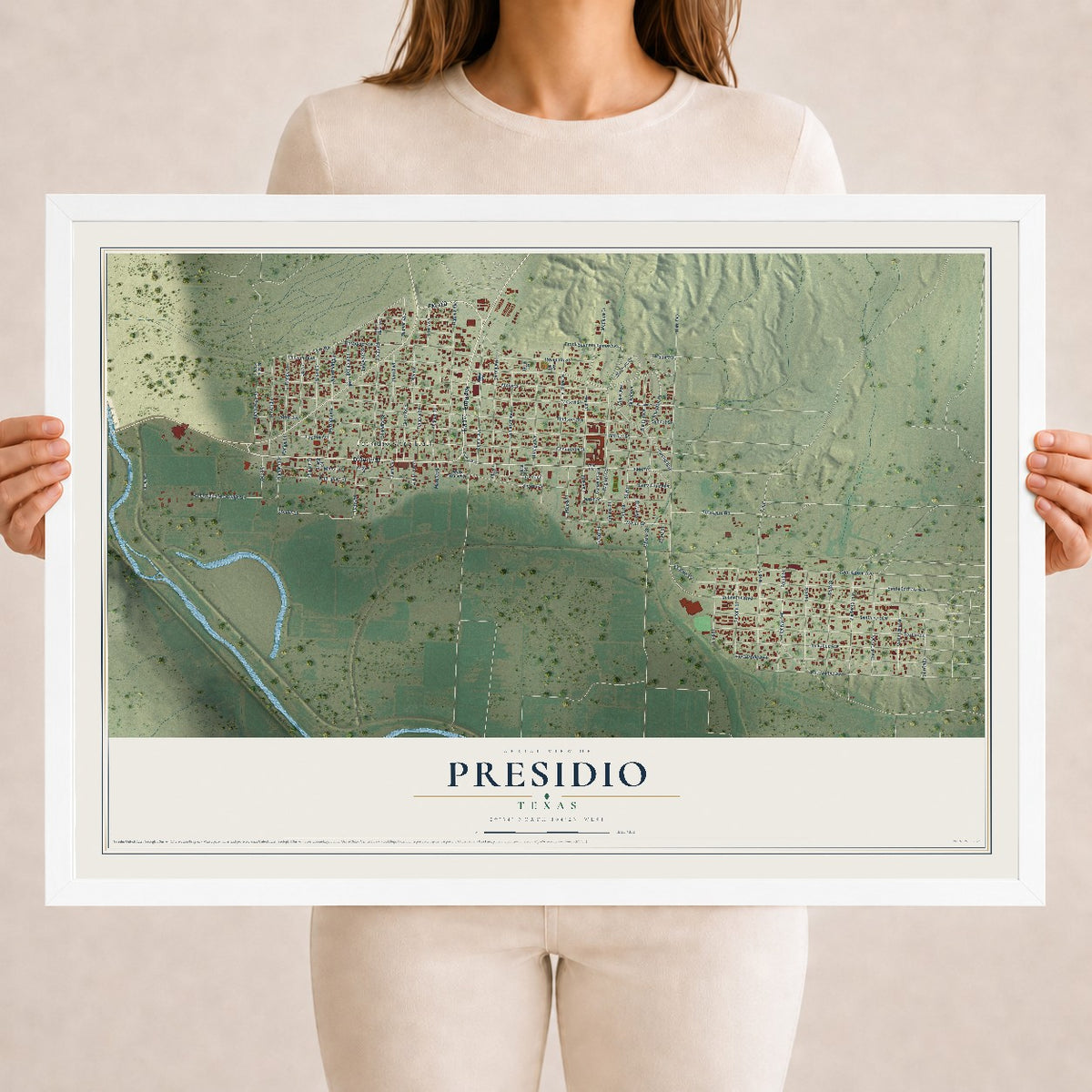Map of Presidio, Texas, 18 x 24 inch print in a white wood frame