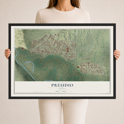 Map of Presidio, Texas, 24 x 36 inch print in a black wood frame