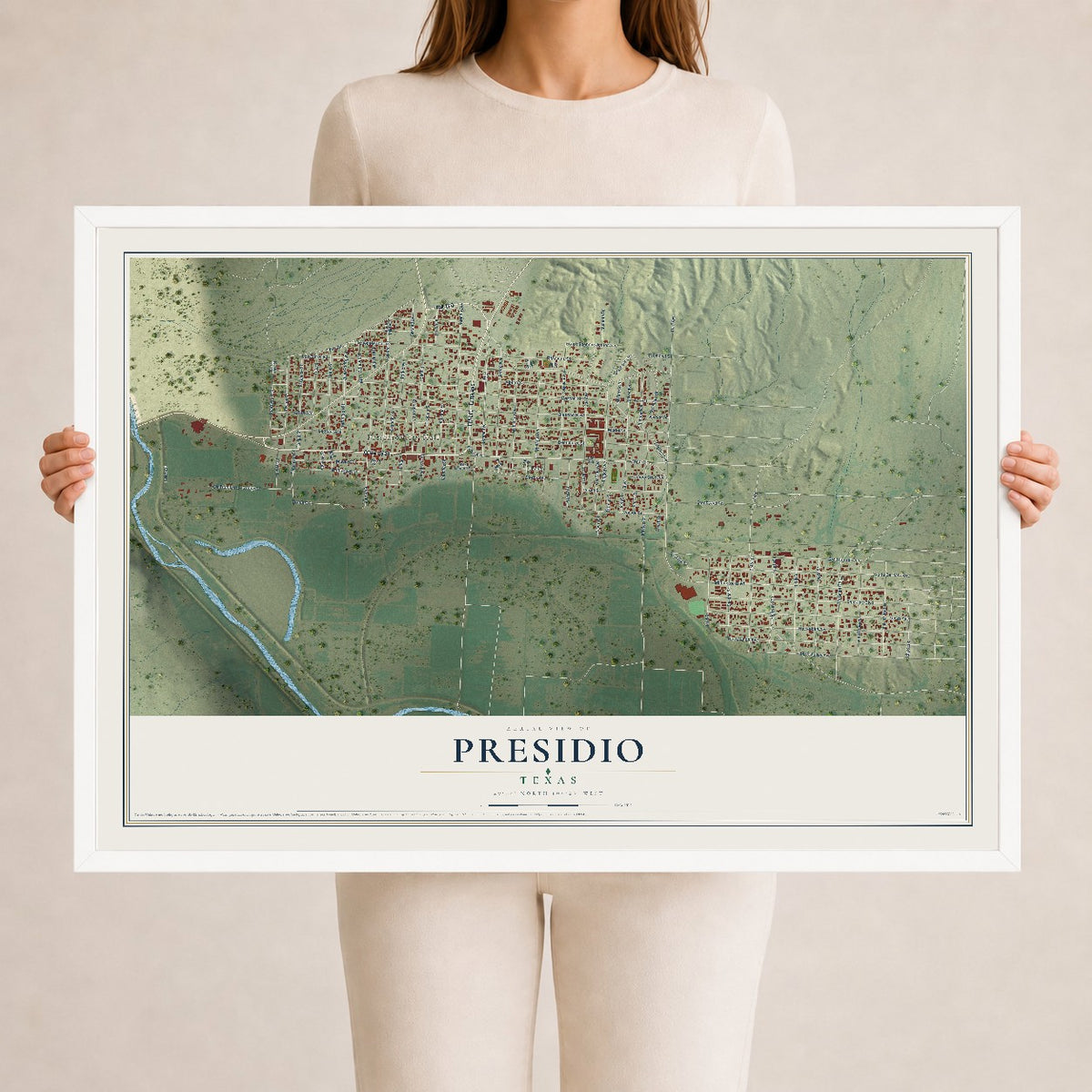 Map of Presidio, Texas, 24 x 36 inch print in a white wood frame