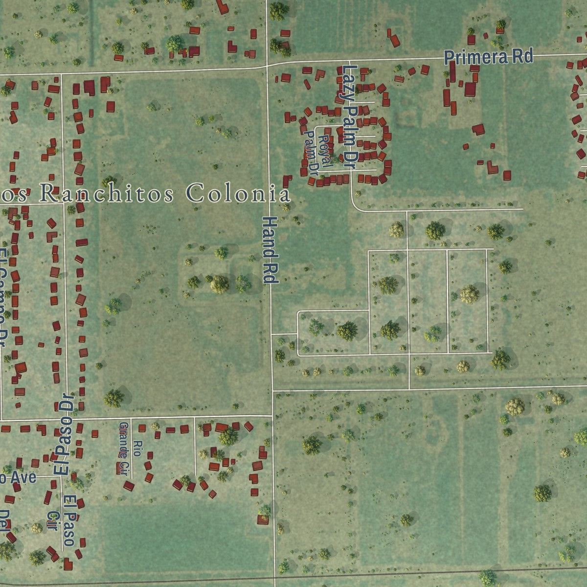 Second close-up of the map of Primera, Texas print showing more streets and buildings