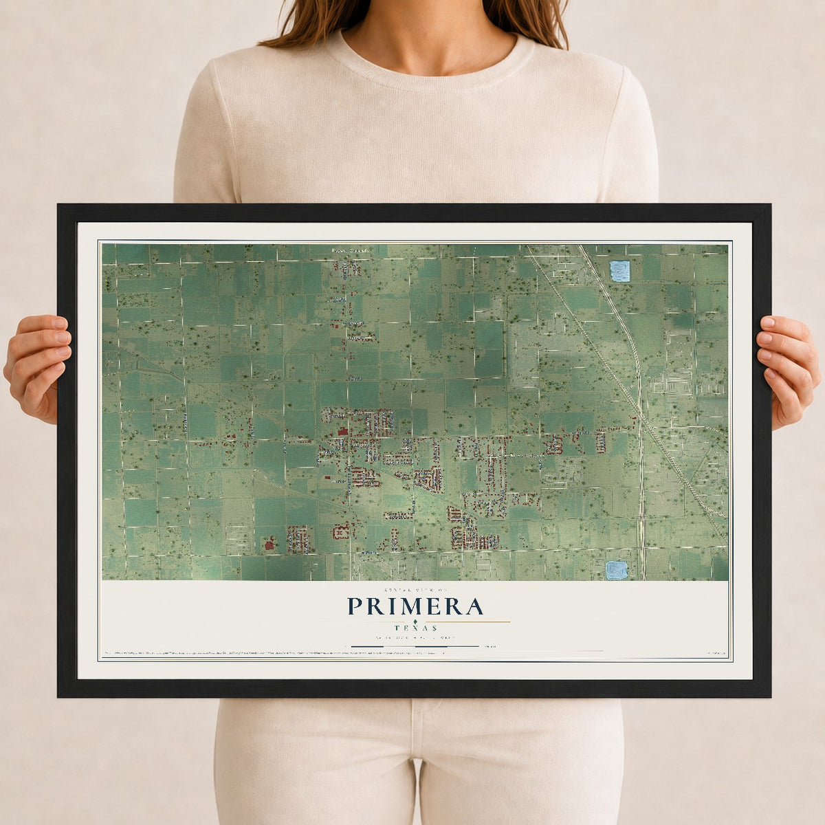Map of Primera, Texas, 12 x 18 inch print in a black wood frame
