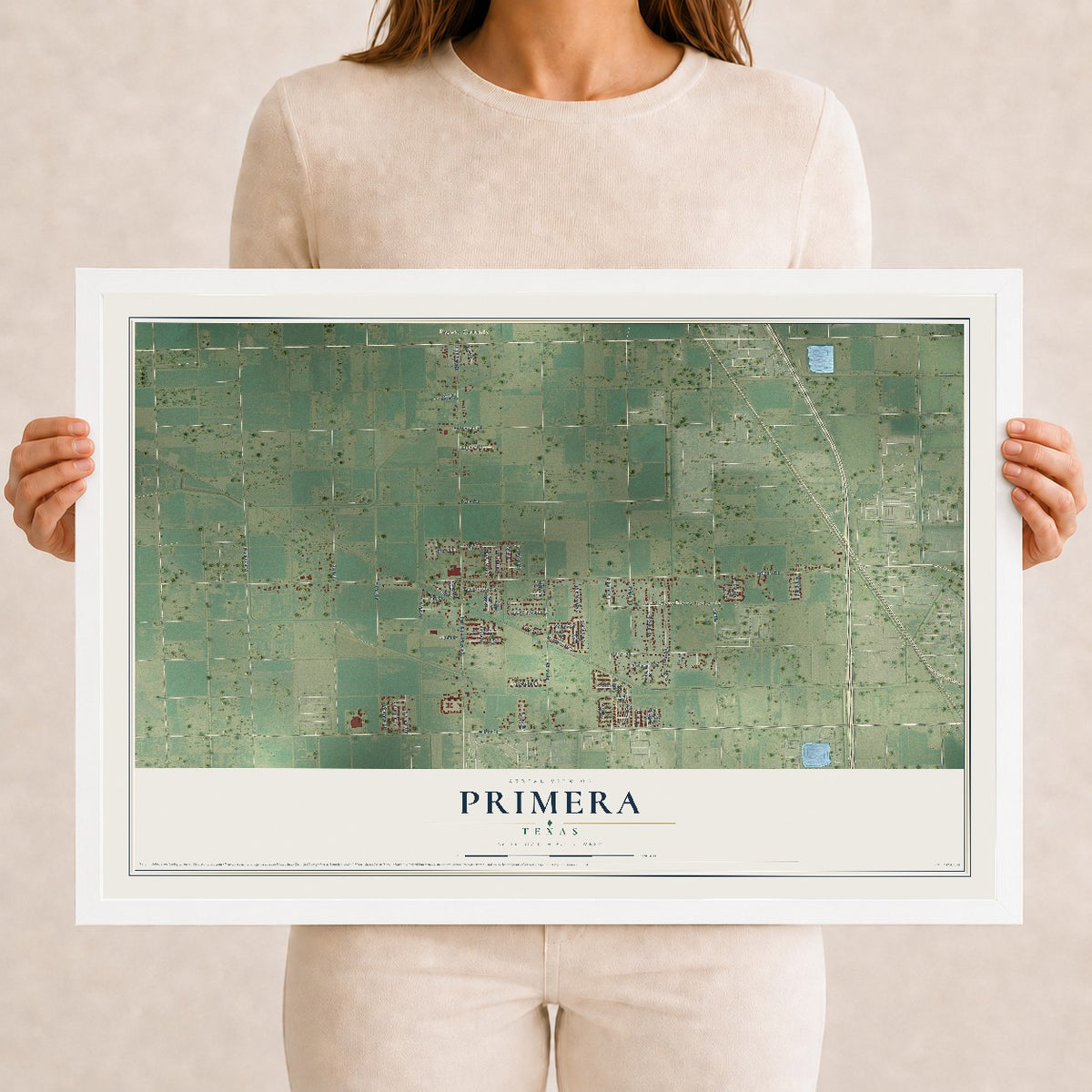 Map of Primera, Texas, 12 x 18 inch print in a white wood frame