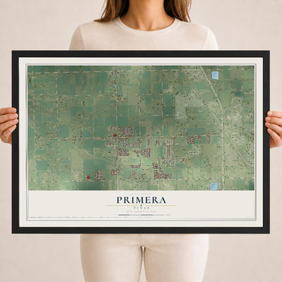 Map of Primera, Texas, 18 x 24 inch print in a black wood frame