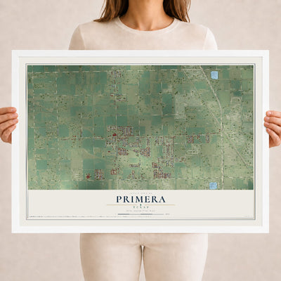 Map of Primera, Texas, 18 x 24 inch print in a white wood frame