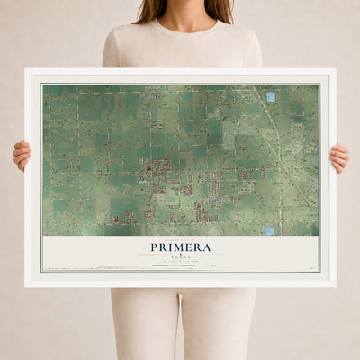 Map of Primera, Texas, 24 x 36 inch print in a white wood frame