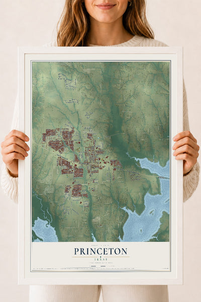 Map of Princeton, Texas, 18 x 24 inch print in a white wood frame