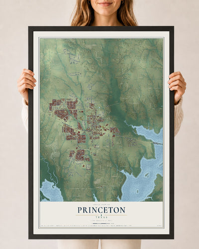 Map of Princeton, Texas, 24 x 36 inch print in a black wood frame