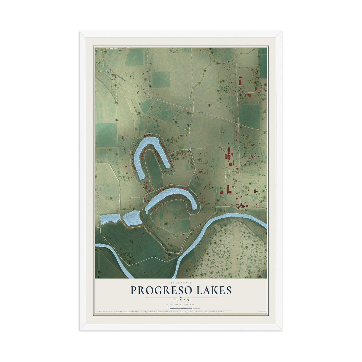 Map of Progreso Lakes, Texas, 12 x 18 inch print in a white wood frame