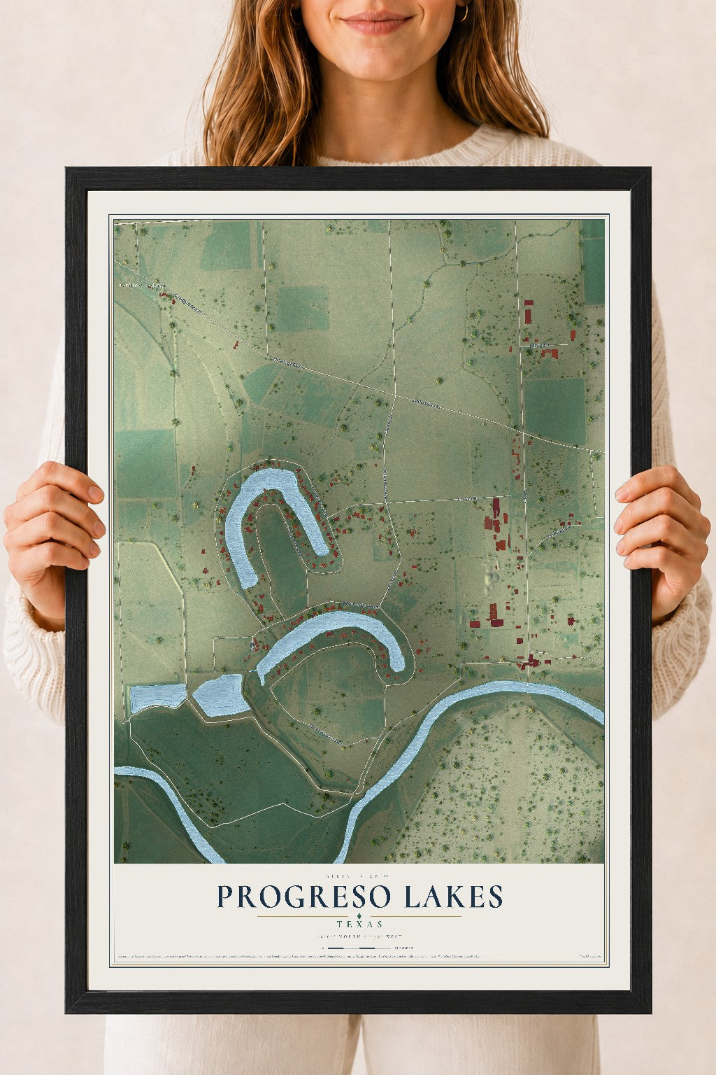 Map of Progreso Lakes, Texas, 18 x 24 inch print in a black wood frame