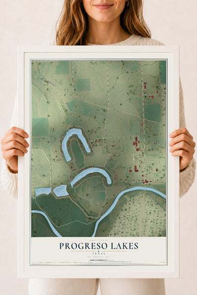 Map of Progreso Lakes, Texas, 18 x 24 inch print in a white wood frame