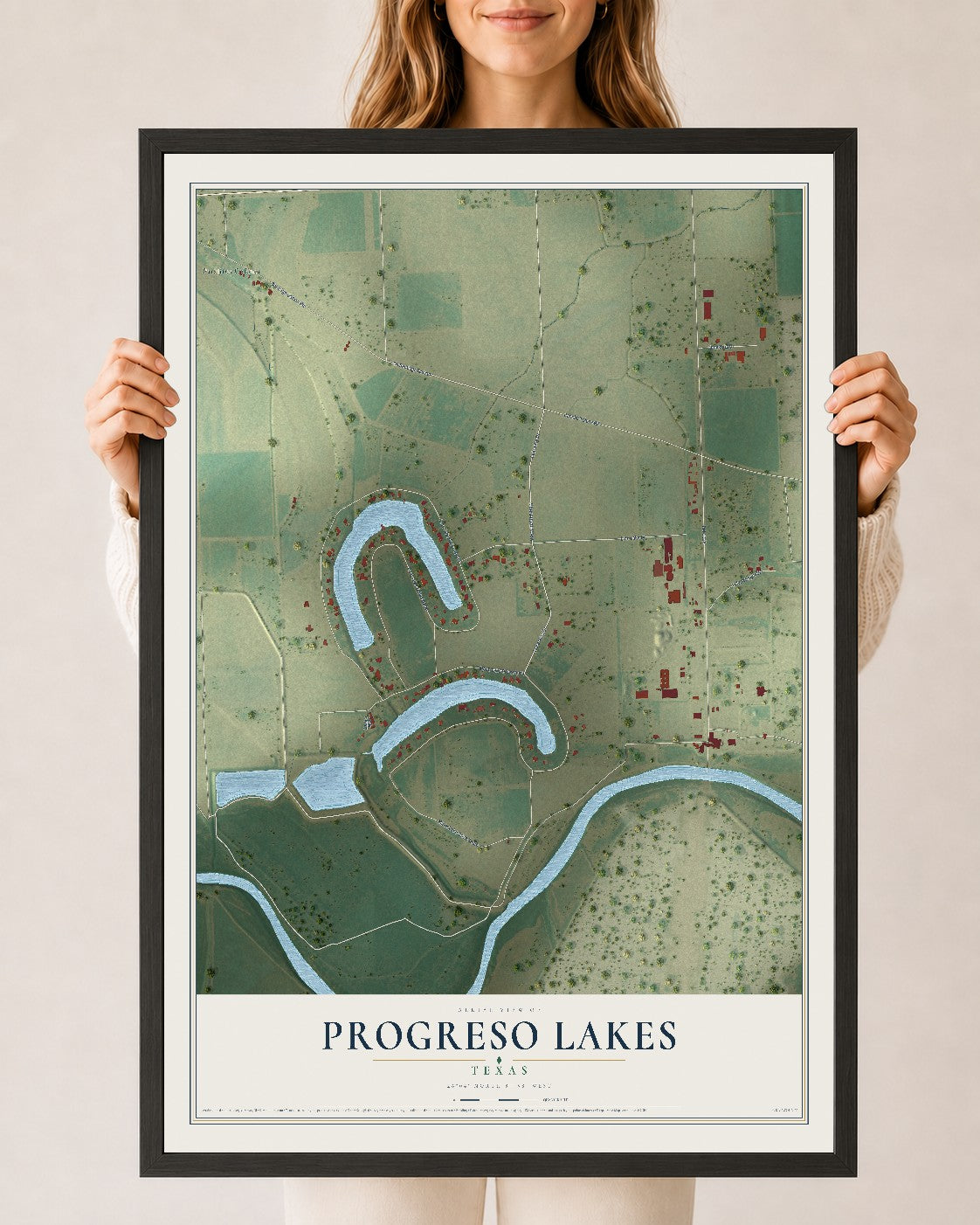 Map of Progreso Lakes, Texas, 24 x 36 inch print in a black wood frame