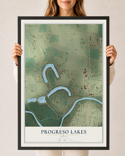 Map of Progreso Lakes, Texas, 24 x 36 inch print in a black wood frame