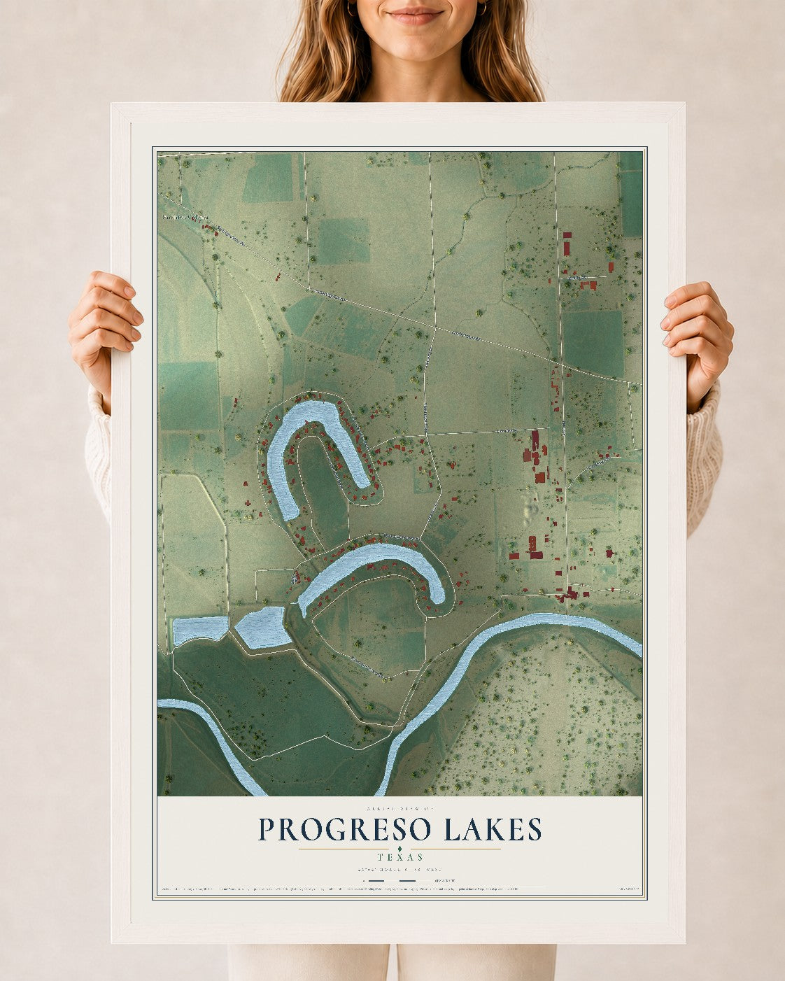 Map of Progreso Lakes, Texas, 24 x 36 inch print in a white wood frame