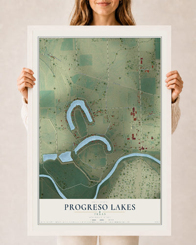 Map of Progreso Lakes, Texas, 24 x 36 inch print in a white wood frame